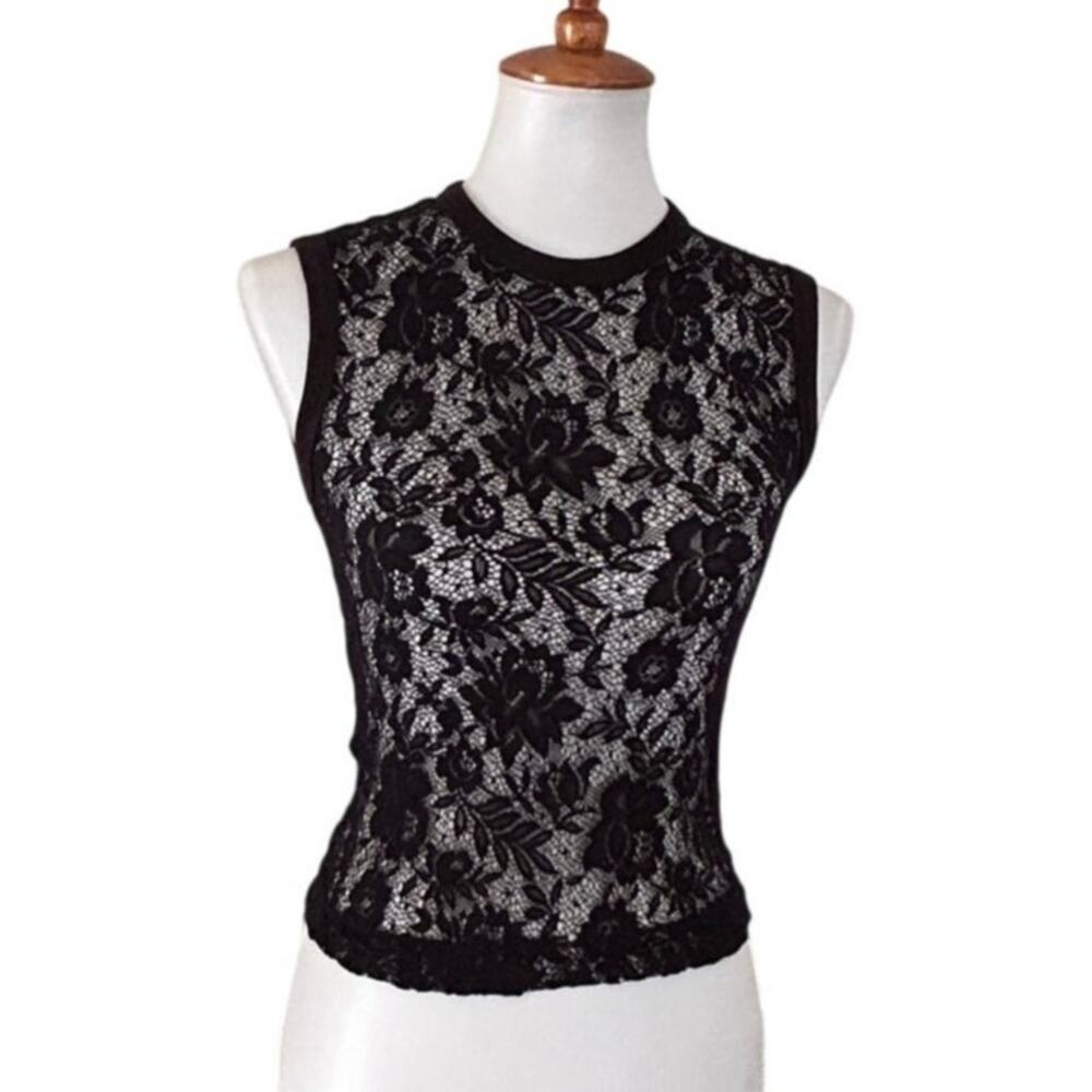 Y2K Sheer Black Lace Top | Vintage Sleeveless Stretch Mesh Tank - Rare find